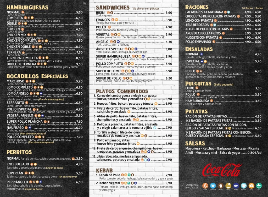 Página 1 de menú de productos de Hamburguesería Angelo