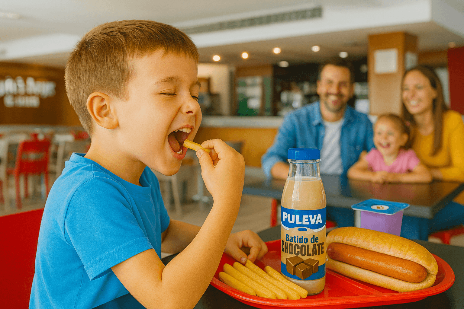 Niño con su familia comiendo un menu infantil